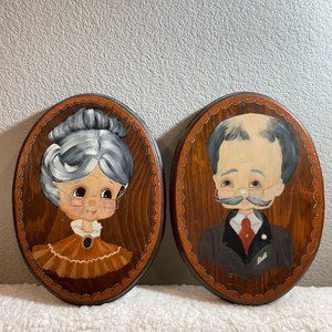 Set of 2 Oval Wood Original Hand Painted Acrylic Old Man and Woman Portraits